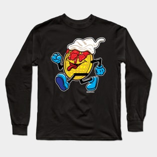 Happy Smiling Waffle Mascot strutting with Strawberries, strawberry syrup and whipped cream Long Sleeve T-Shirt